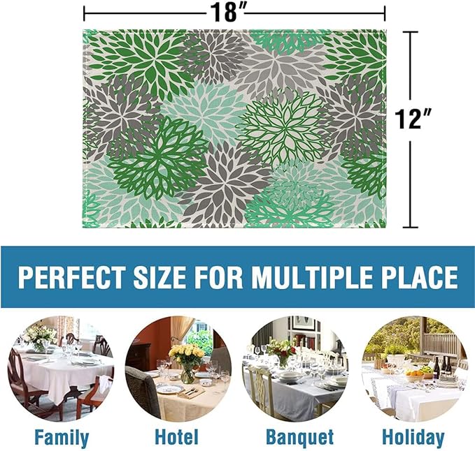 Ansouyi Placemats Set of 6, Green and Gray Dahlia Flower Washable Heat Resistant Linen Table Mats, Kitchen Decor Non-Slip Place Mats for Party Dining, 12x18 Inch