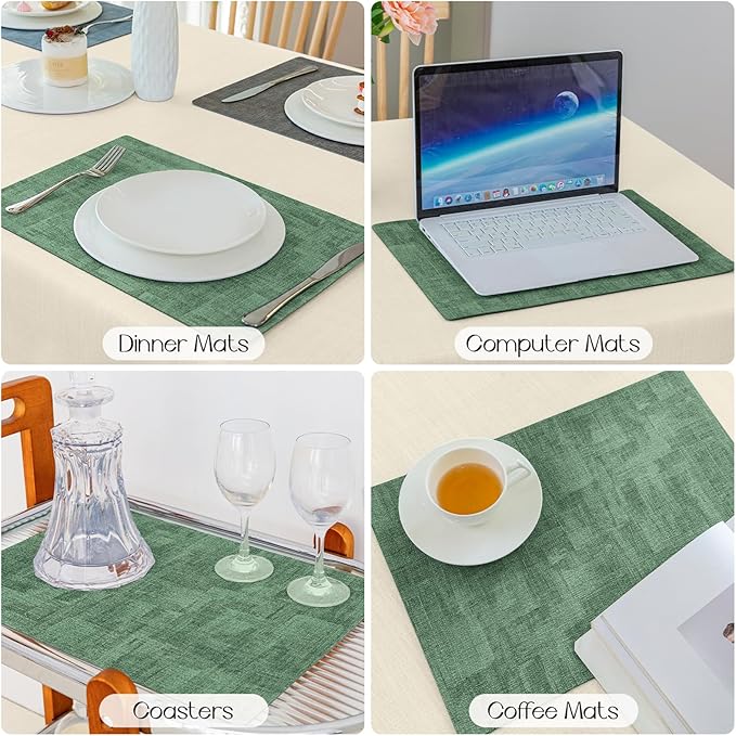 Romanstile Vinyl Placemats Set of 4-12x17 Inch, Reversible Waterproof Washable Non Slip Table Mats, Faux Leather Heat Resistant Wipeable Table Placemats for Dining/Party/Indoor/Outdoor, Grey-Green