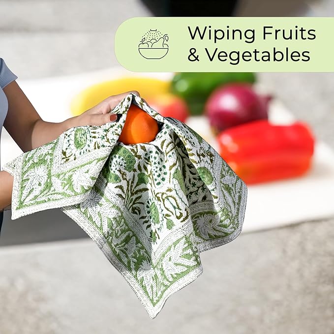 CPC Agate Green Hand Block Print Waffle Kitchen Towel Set of 3-16 x 28 Inch Ultra Absorbent Quick Dry Cotton Dish Towels Lightweight Reusable Sustainable Tea Towels for Cleaning and Drying
