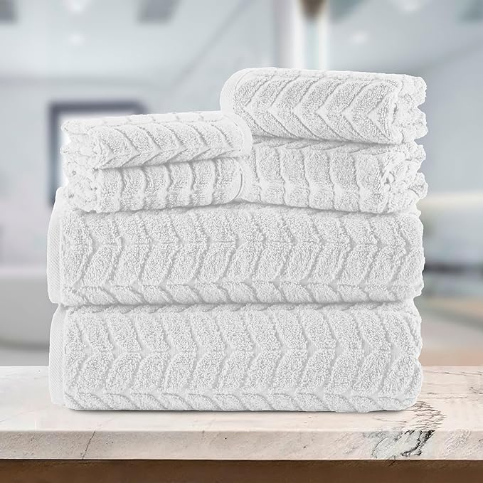 Elegant Comfort Luxury 6-Piece 100% Turkish Cotton Jacquard Braided Textured Premium Hotel Quality Towel Set– Soft and Absorbent, Includes 2 Bath Towels, 2 Hand Towels and 2 Washcloths, White