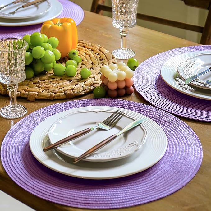 FunWheat Round Braided Placemats Set of 4 Table Mats for Dining Tables Woven Washable Non-Slip Place mats 15 inch(Lilac Purple,4pcs)