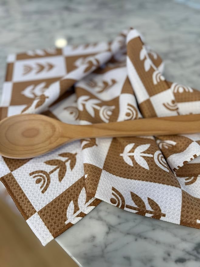 2 Pack || Double Sided|| Not Your Ordinary Kitchen Towels || Dish Towels || Quick Dry || Waffle Weave Microfiber || Designer Prints || Highly Absorbent || Hanging Hook (tan Checkered)
