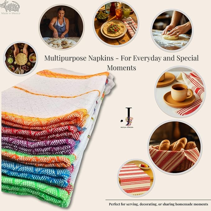 Jacq & Jürgen – Set of 6 Multicolor Cotton Cloth Napkins – 22"x18" – Dinner Table Linens or Tortilla Warmer Cloths - 100% Cotton - Premium Materials (Chevron White)