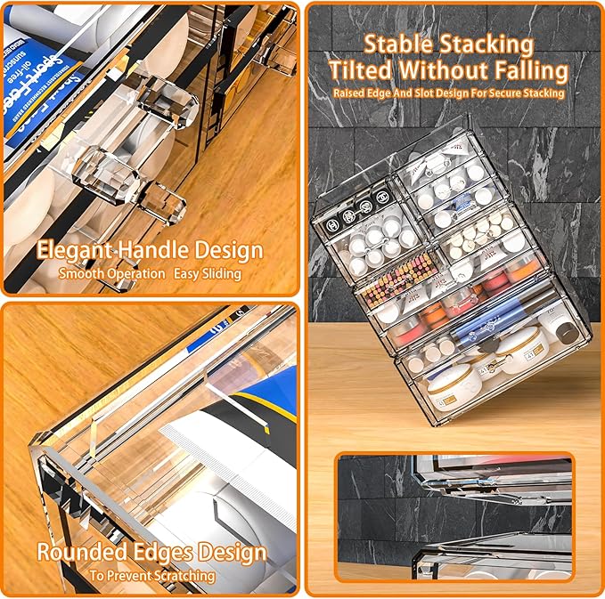 Cq acrylic 3 Pack Clear Makeup Organizer Countertop,Stackable 8 Drawers Skin Care Organizer,Cute Make Up Organizers for Vanity Jewelry,Hair Accessory,Beauty,Skin Care,Skincare Product Desk Storage