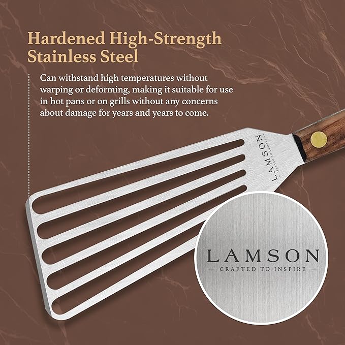Lamson Metal Spatula Slotted Turner - 3' x 6" Stainless Flipper with Walnut Handle, Left-Hand - Chef's Frying Fish Turner, Metal Grilling Spatula