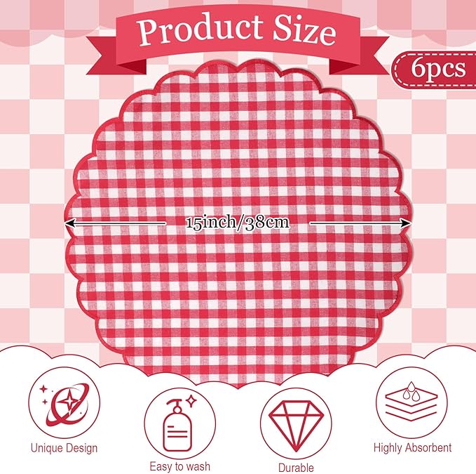 Set of 6 Round Placemats 15 Inch Cotton Scalloped Embroidery Placemat Washable Double Layered Rustic Dinner Table Mat Decor Fabric for Hotel Restaurant Kitchen(Red,Plaid)