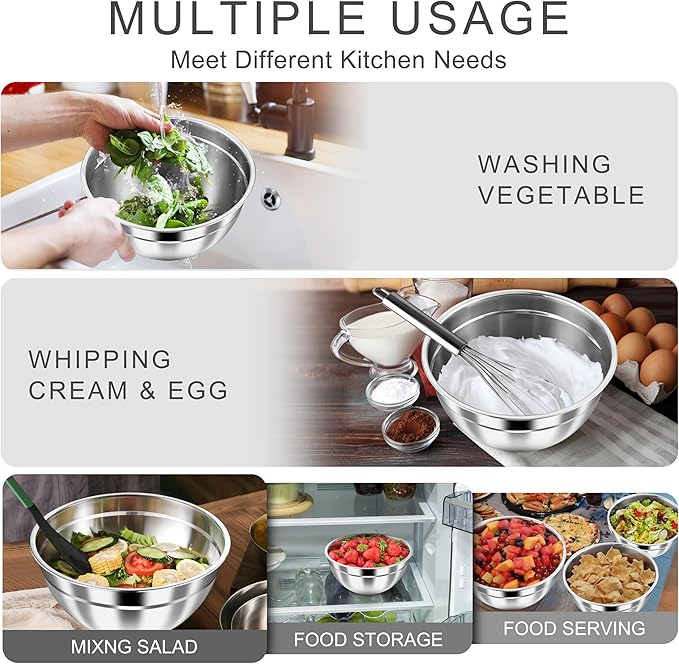HaWare Mixing Bowls with Airtight Lids, 6-Piece Stainless Steel Salad Bowls, Strong Nesting Bowls for Cooking, Prepping, Baking, Serving & Food Storage, Stackable Design, Size 4.6, 3, 1.5QT, Teal Blue