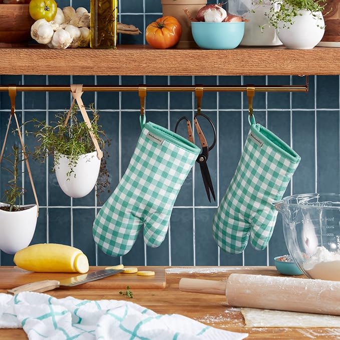 KitchenAid Gingham Oven Mitt 2-Pack Set, Aqua Sky, 7"x13"