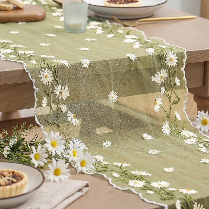 Artoid Mode Daisy Floral Fern Green Shaped Gauze Embroidery Table Runner 120 Inch 10FT, Tulle Spring Summer Kitchen Dining Table Decor for Home Party