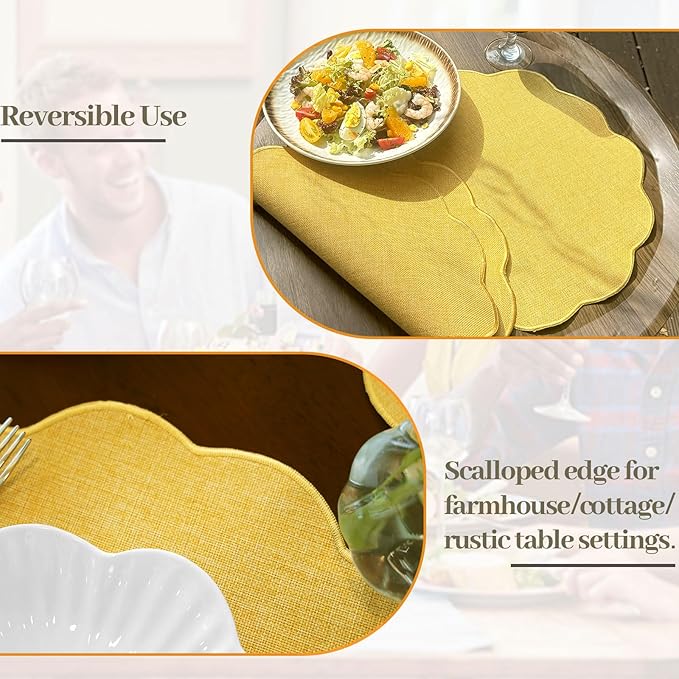 AHHFSMEI Round Faux Linen Placemats Set of 4 Heat Resistant Non-Slip Stain Proof Table Mats for Kitchen Dining Elegant Decor Place Mats (Yellow,4)