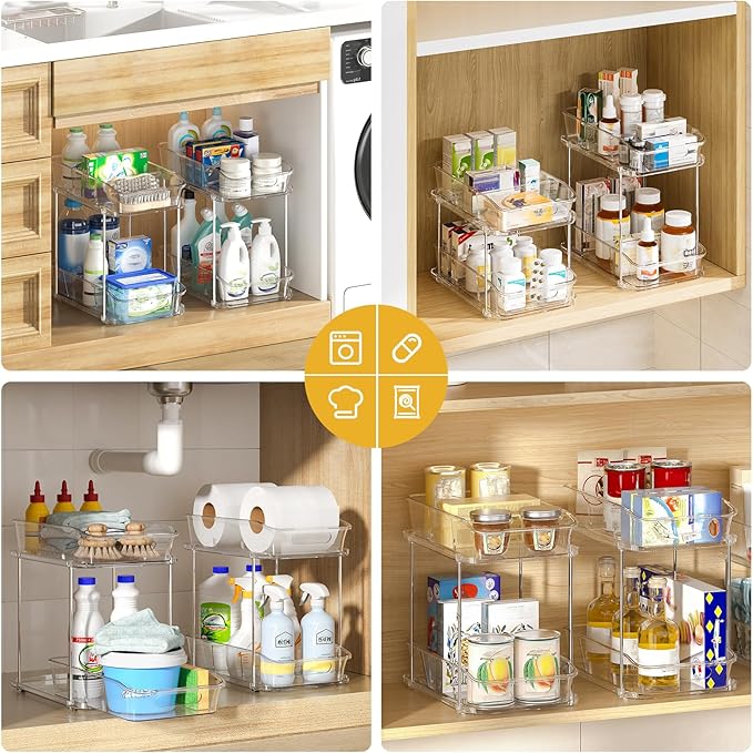Delamu 2-Tier Under Sink Organizers and Storage, Multi-Purpose Stackable Bathroom Cabinet organizers, Pull Out Kitchen Pantry Organization and Storage with Dividers(4 Pack, Clear)