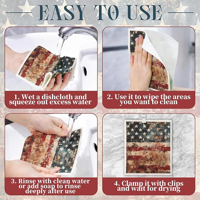 Tegeme 8 Pcs Patriotic Swedish Themed Dishcloth 4th of July American Flag Kitchen Dish Towel Absorbent Cotton Reusable Towel 250 Anniversary for Independence Day Home Party Counter Wipe, 6.8 x 7.7''