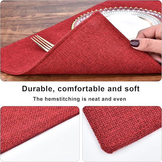 SLKQG Christmas Linen Fabric Placemats Set of 8 - Holiday Dining Table Mats for Festive Decor, Heat Resistant & Machine Washable, Place Mats for Dinner Parties, Xmas Gift for Home (8, Wine Red)