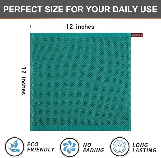 Kitinjoy 100% Cotton Kitchen Dish Cloths (12 X 12 Inches, Teal), 6 Pack Waffle Weave Ultra Soft Absorbent Dish Towels for Drying Dishes Quick Drying Kitchen Towels Dish Rags