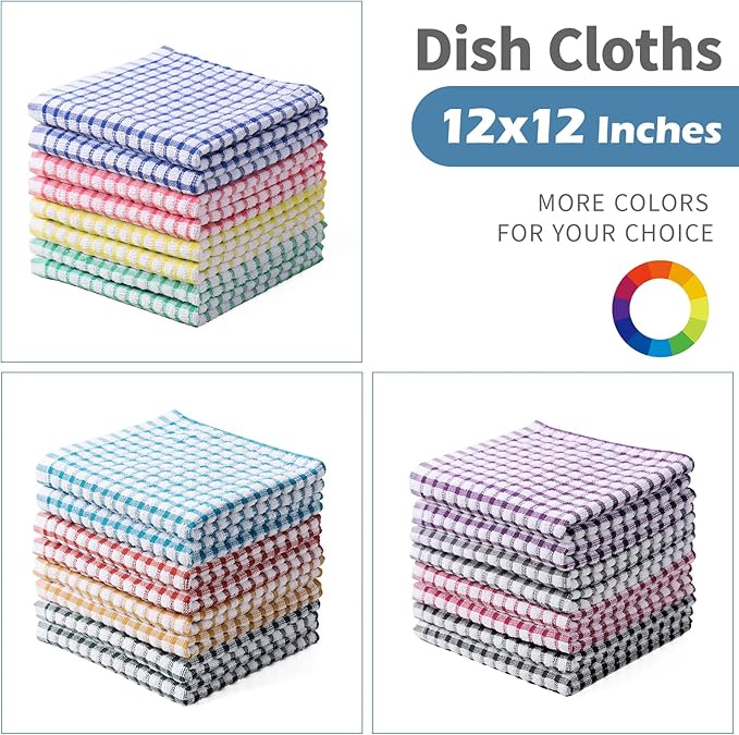 Oeleky 100% Cotton Kitchen Dish Cloths for Washing Dishes, 12x12 Inches Dish Rags, Absorbent Kitchen Cloths Pack of 8, Quick Drying Cleaning Cloths (Mix-3, 12"x12")