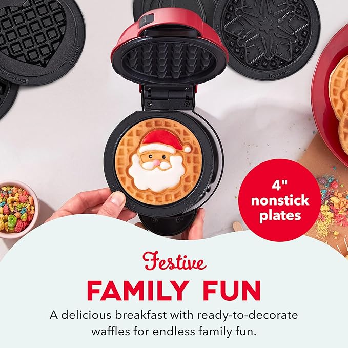 Dash Holiday MultiMaker Mini System - Includes Seasonal Snowflake, Pumpkin, Heart, Santa, and Classic Waffle Plates - Red, Six 4-Inch Removable Plates