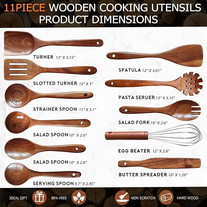 Wooden Spoons for Cooking 11 Pieces Set, High Quality Wooden Kitchen Utensil Set, Wooden Utensil Set, With Strainer Spoon, Pasta server, Fried Spatula and Salad Fork, Egg Beater, Butter Spreader