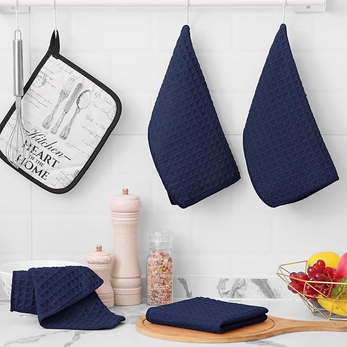 Homaxy Microfiber Waffle Weave Kitchen Towels Set, 16 x 28 Inch and 12 x 12 Inch Ultra Absorbent and Solid Color Dish Towels, 12 Pack, Navy Blue