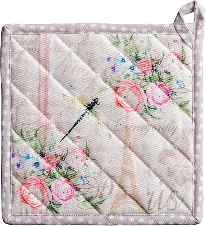 Maison d' Hermine Pot Holders 100% Cotton Heat Resistant Potholders 8" x 8" Hot Pads with Loop BBQ Cooking Baking Gifts for Mothers Day Handling Hot Pans Spring/Summer (Pack of 1, Champ De Mars)