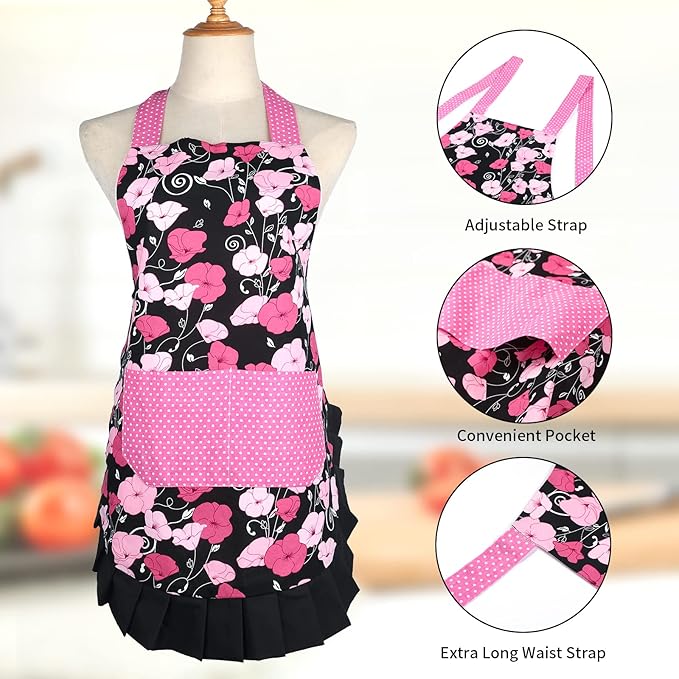 G2PLUS Cotton Kitchen Apron with Pocket, Adjustable Cooking and Baking Apron for Women, Floral Chef Apron for BBQ, Housewarming Gift, Farmhouse Kitchen Decor (Pink + Black)