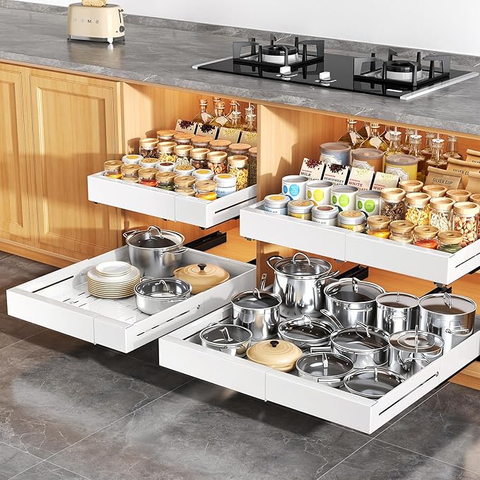 Pull out Cabinet Organizer, Expandable Width(14"-24"), Depth(13"-24") with 3 Rails, Slide Out Drawers With Raising Pad for Framed Cabinets, Fixed with Adhesive Film for Cabinets in Kitchen, White