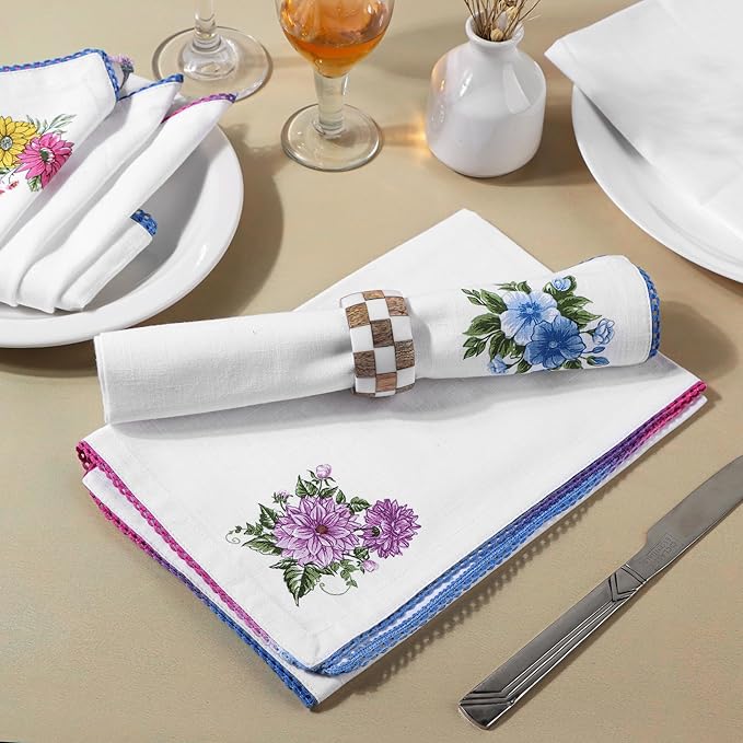 FINGERCRAFT Cloth Napkins, Set of 12 Cotton Linen Blend Printed Dinner Napkins Cloth Mitered Corner Perfect for Parties Dinners Weddings Cocktail Christmas Easter 20x20 Multi Floral