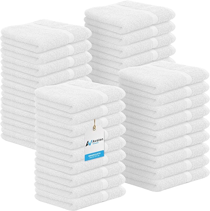 Avalon Towels Cotton Washcloths – (Pack of 36) Size 12x12 Inches, 100% Ring Spun Cotton, Absorbent, Soft Face Towels, Gym Towels, Hotel and Spa Quality, Reusable Fingertip Towels (White)