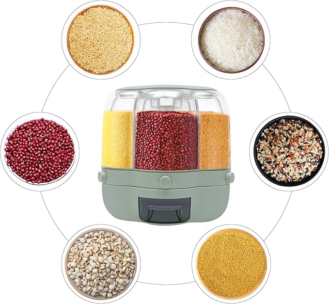 360° Rotating Grain Dispenser With 6 Grids, 13.2lbs Large Capacity Grain Dispenser Rotating Kitchen Storage Containers With Sealed Lid For Peanut Barley Millet And Cereal (Matcha green, 17.6 lbs)