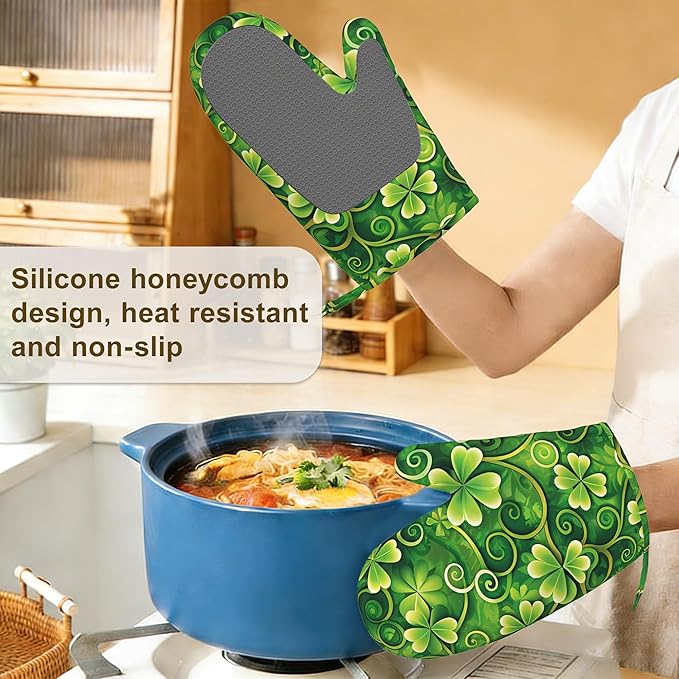 Oven Mitts and Pot Holders St. Patrick Day Silicone Kitchen Accessories Set of 4 Heat Resistant Gloves Green Clover Potholder Non-Slip Grip for Chef Cooking Baking Grilling BBQ
