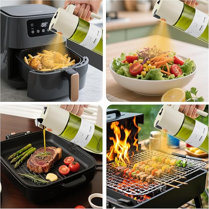 LUKUMIQI 2 in 1 Oil Sprayer for Cooking, 17oz Light-Blocking Glass Spray Bottle with Stickers, Oil Dispenser for Salad, Air Fryer & BBQ