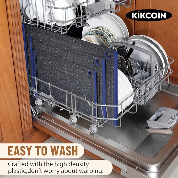 Kikcoin Plastic Cutting Boards for Kitchen, 3-Piece Large Cutting Board Set Dishwasher Safe Chopping Boards with Non-slip Feet and Juice Grooves, Blue