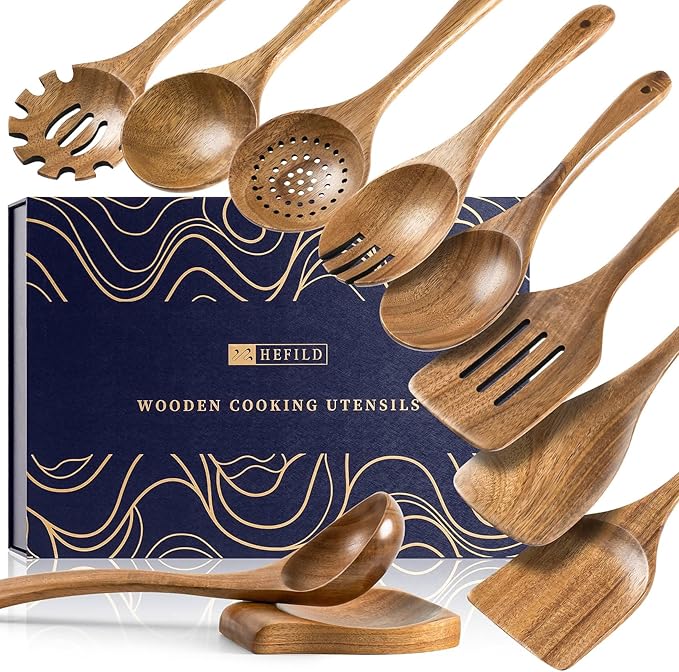 Wooden Spoons for Cooking, Nonstick Cooking Utensil Set with 9 Piece Acacia Wooden Spatulas and Spoons, as well as a Extra Whole Wood Spoon Rest, Terrific for Everyday Kitchen Tasks