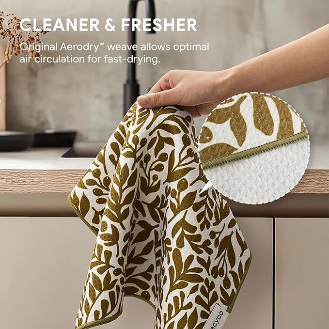 RECYCO Waffle Kitchen Towel Set of 2 - Quick Dry Microfiber Sustainable Dish Towels - Ultra Absorbent Reusable Cleaning Tea Towels - Lightweight Hand Towels,16”x 28”, Petal & Leaf