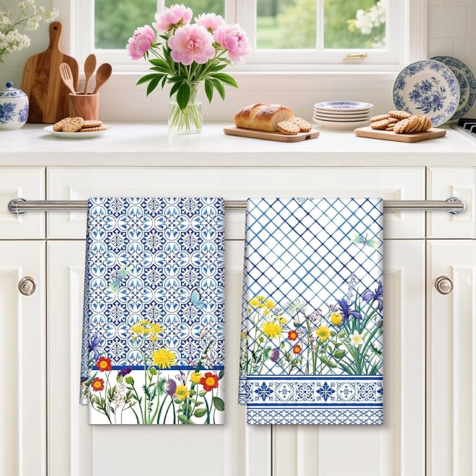 Wildflower Tea Towels, Cotton Kitchen Towel 18.9 × 27.5 inch, Quick Drying Dish Cloth for Party Anniversary Holiday Decoration, Housewarming Gifts for Mom