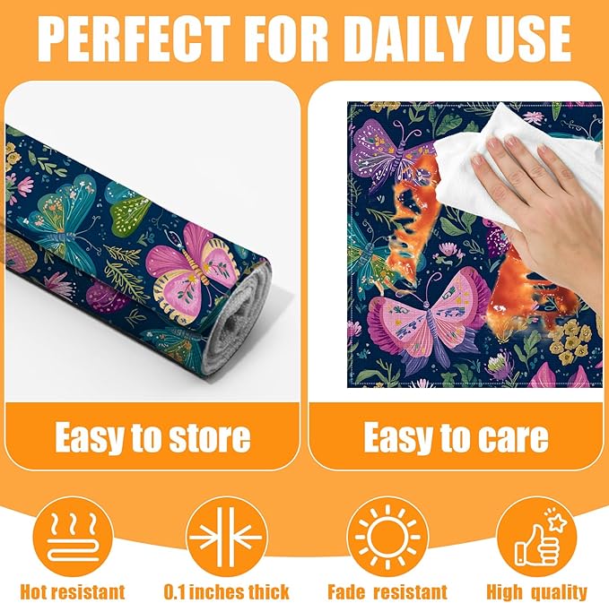 Butterfly Floral Vintage Placemats Set of 6,12 x 18 Inch Table Mats Washable Heat Resistant Linen Fabric Rectangle Place Mat for Party Home Kitchen Dining