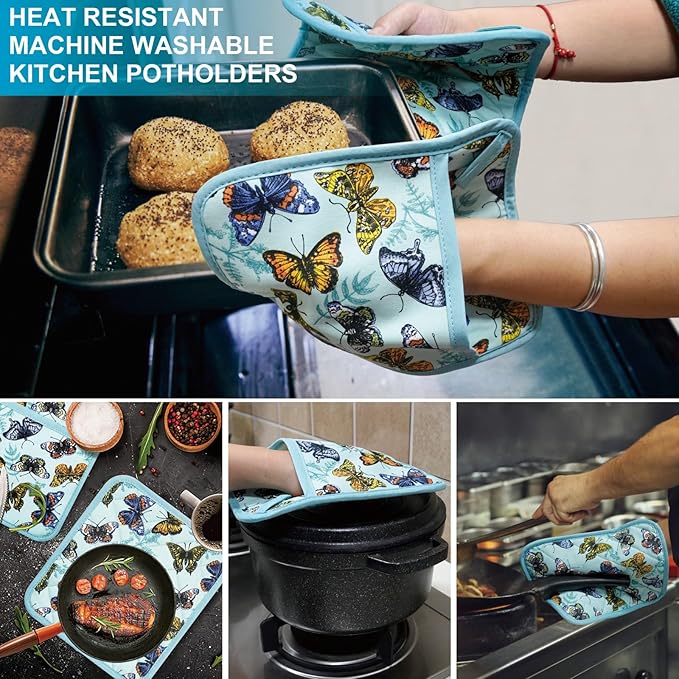 Pot Holders Set of 2 Heat Resistant 480℉ Kitchen 100% Cotton Comfortable Lining Printing Butterfly Flower Women Men Home Cooking Baking Microwave BBQ Gift (Butterfly potholders)