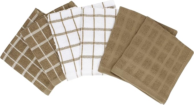 Ritz Terry Check Dish Cloth Set: Highly Absorbent & Super Soft - 100% Cotton, Durable Kitchen Cleaning Cloths for Wiping Tables and Counters, 6-Pack, Mocha