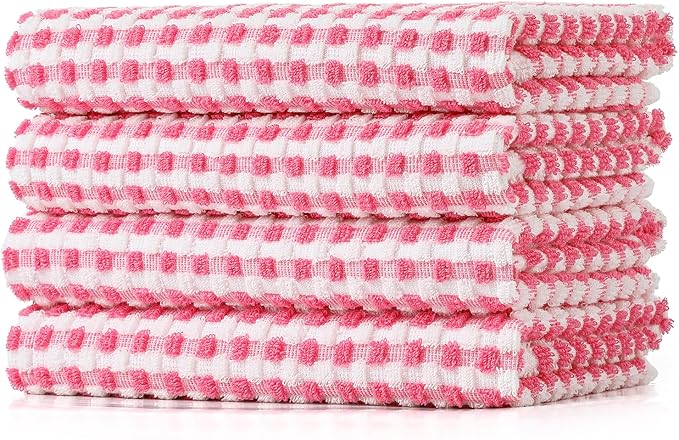 SALAS Cotton Dish Towels Cloths for Kitchen Drying Dishes, Lattice Terry Towels, Highly Absorbent Kitchen Cloths with Hanging Loop, 16‘’ x 26‘’, 4 Packs, Pink