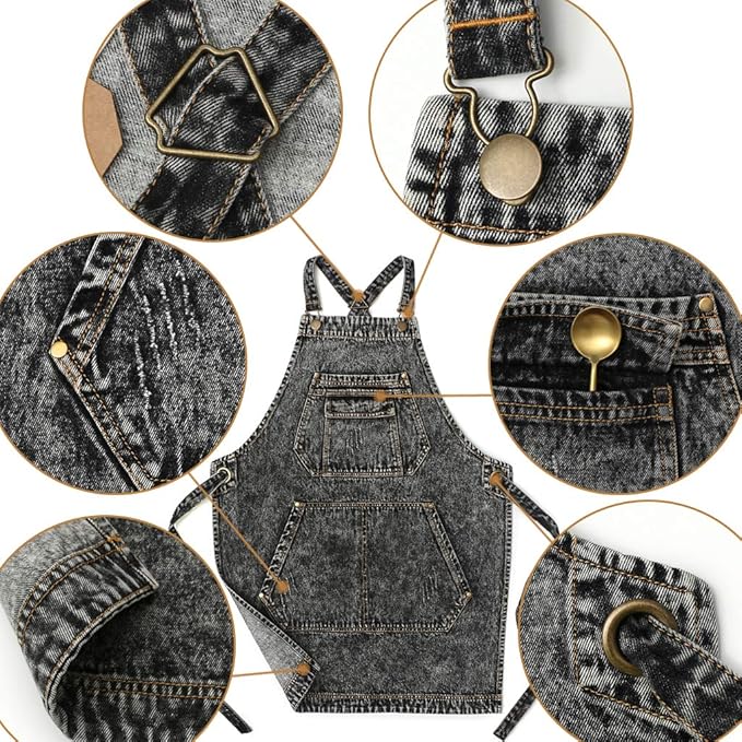 Jeanerlor - Cotton Denim Shop Black Tool Aprons with Pockets for Men - Jean Work Aprons for Men Cross Straps & Adjustable L to XXL