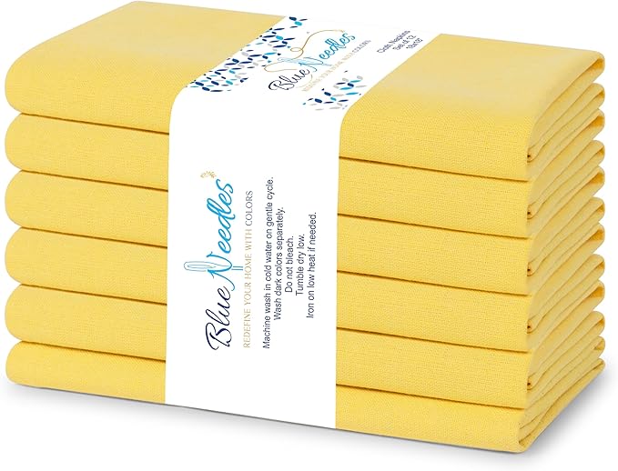 Blue Needles Solid Cloth Napkins Set of 6 Lemon Yellow 100% Cotton Dinner Napkins 18x18 inches - Spring Summer Easter - Soft, Reusable, Absorbent & Washable Linen, Ideal for Parties & Everyday Use