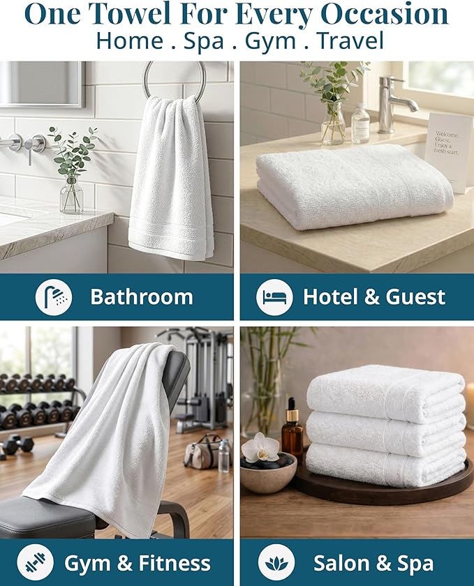 White Hand Towels for Bathroom - Pack of 6 (16"x28") 100% Cotton Hand & Face Towels - Soft, Durable, Quick Dry & Highly Absorbent, Fingertip Towel for Bathroom - Great for Gym, Salon, Spa & Family Use