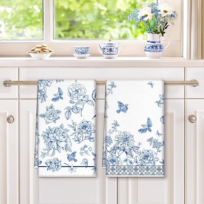 Chinoiserie Floral Bird Microfiber Kitchen Towels, Soft Absorbent Hand Towel 15.7 × 23.6 Inch, Thick Dish Cloth for Party Anniversary Holiday Decoration, Housewarming Gifts for Mom