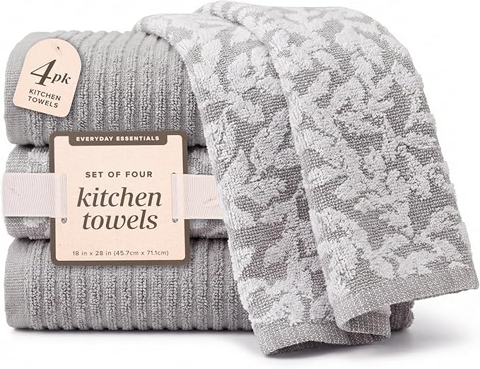MosJos Kitchen Towels, Cotton Hand Towels, Grey and White Vine Ribbed Hand Drying Cloth Set of 4 Absorbent Hand Towels, 18 x 28 Kitchen Linens
