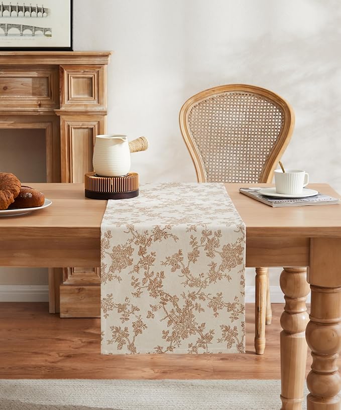 100% Cotton French Pastoral Table Runners, 13x72 Inch Brown Farmhouse Table Runners 72 Inches Long, Vintage Flowers Print Home Decors