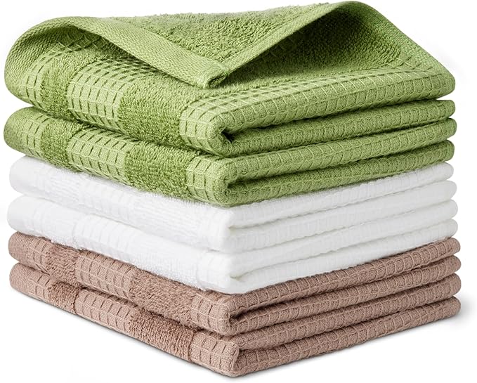 Amazon Basics Kitchen Towels, Organic Cotton Waffle Kitchen Dish Towels, Ultra Absorbent, Quick Drying, Lint-Free Geimetry Towels Kitchen, 12 x 12 Inches, 6-Pack (2 Brown, 2 Olive, 2 Navy Blue)