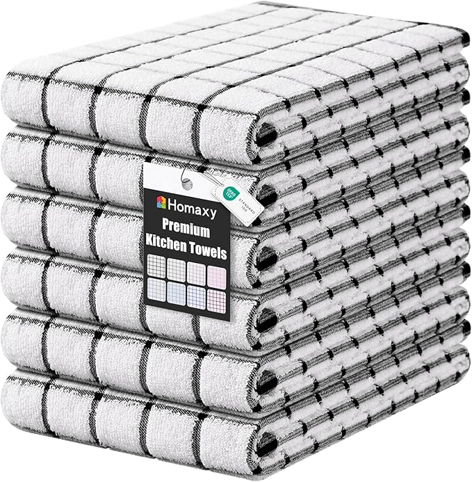 Homaxy Premium Kitchen Towels(16”x 28”, 6 Pack), Large Ring Spun Cotton Dish Towels, Super Absorbent Soft Terry Kitchen Hand Towels, Check Design Tea Towel Set with Hanging Loop, Black