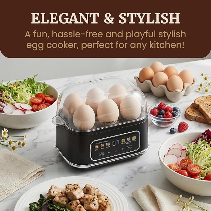 Elite Gourmet Digital Egg Cooker, 6 Egg Capacity, Soft/Medium/Hard Boiled, Onsen Tamago, Poach & Omelet, One-Touch Menu, Audible Alert On/Off, Auto Shut-Off, Black