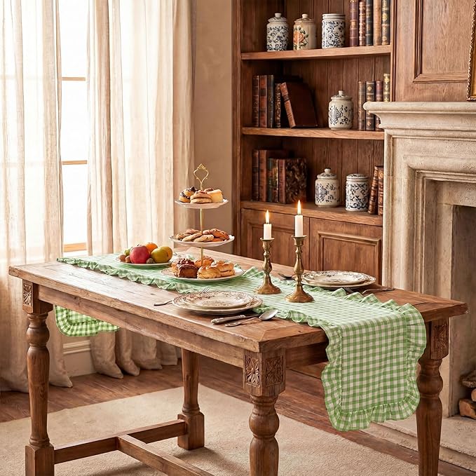 HunnmingRe 1 Pcs Light Green Plaid Gingham Ruffle Table Runner 118 x 13.8'' Farmhouse Easter Table Runner 100% Cotton Scalloped Long Dresser Scarves for Dining Room, Wedding, Kitchen Rustic Home Decor