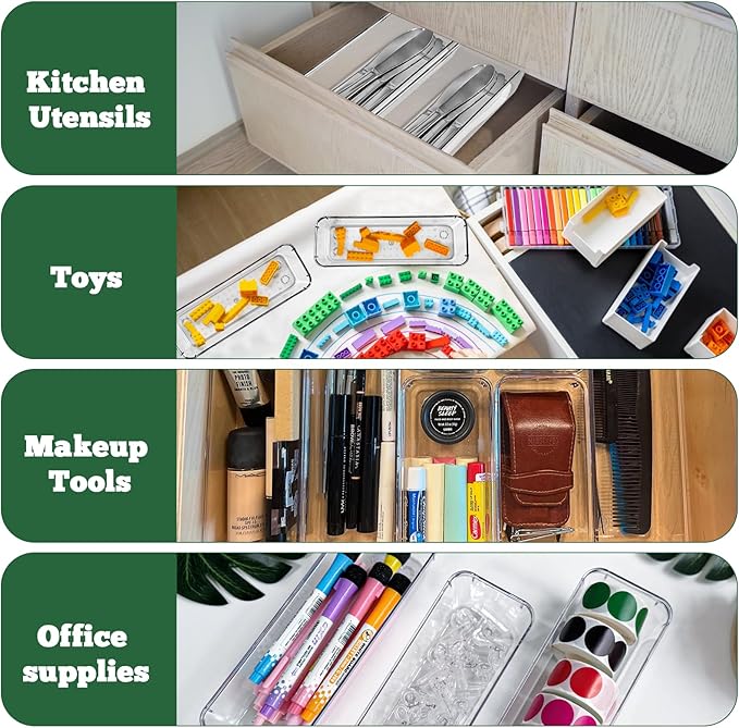 Ysglory 12 Pcs Clear Plastic Drawer Organizer 9 x 3 x 2 Inches Vanity Makeup Drawer Organizer Tray Silverware Utensil Storage Organizers Bins for Kitchen Office Desk Cosmetics and Bathrooms