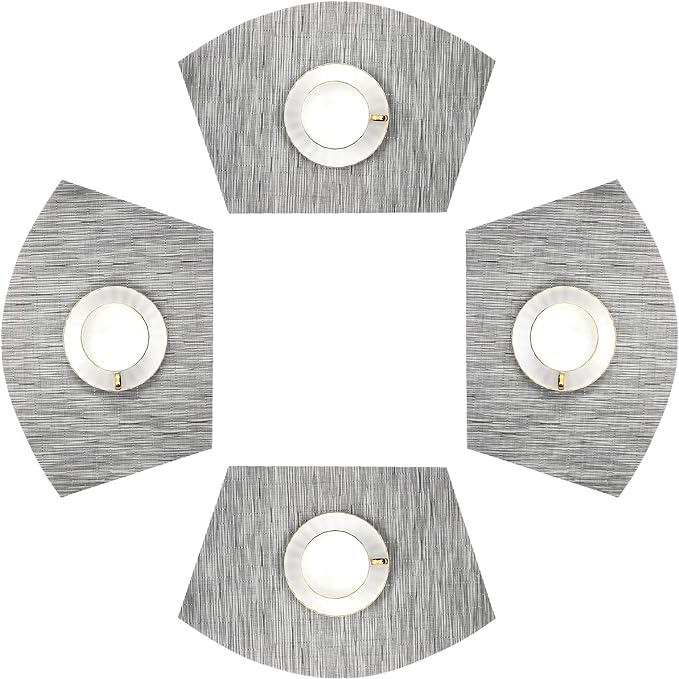 SHACOS Round Table Placemats Set of 4 Wedge Placemats Heat Resistant Woven Vinyl Table Mats Wipe Clean (4, Silver Gray)